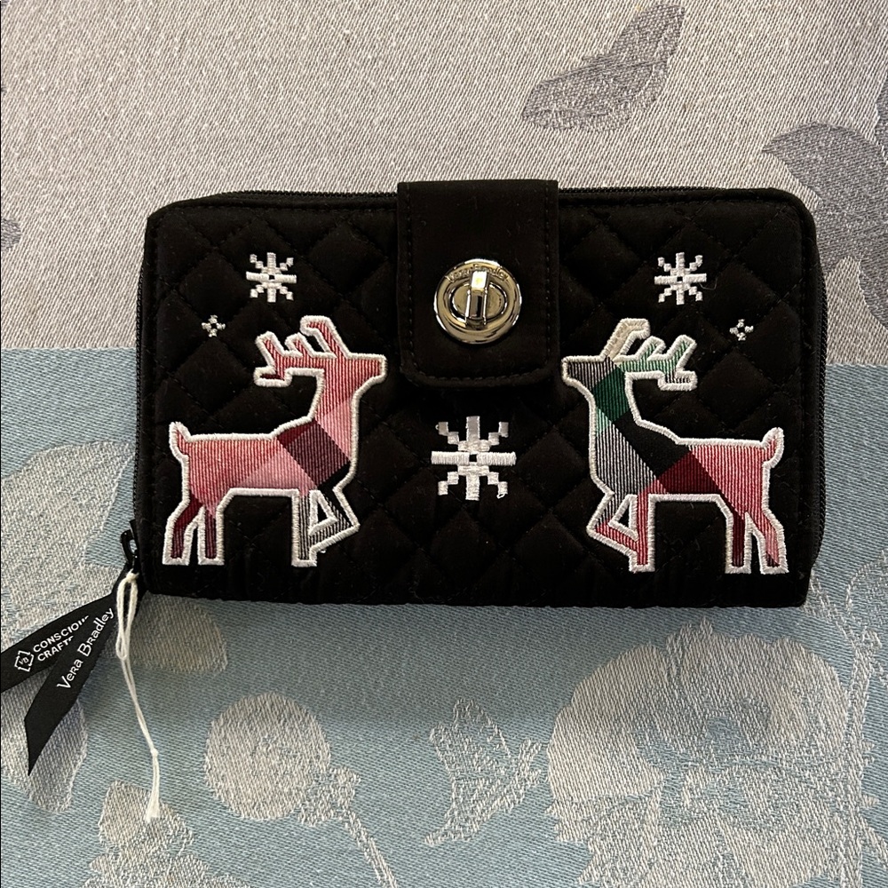 Vera Bradley Black Quilted RFID Wallet with Reindeer and Snowflake Design